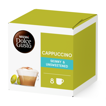 Front view of Cappuccino Skinny (16 pods) box