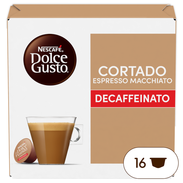 Front view of Cortado Decaf (16 pods) box