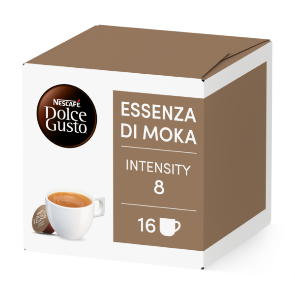 Front view of Essenza di Moka (16 pods) box